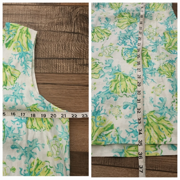 J Jill Love Linen Aqua Green Shift V Neck Dress L Petite Sea Turtle Coral Print - Picture 8 of 8